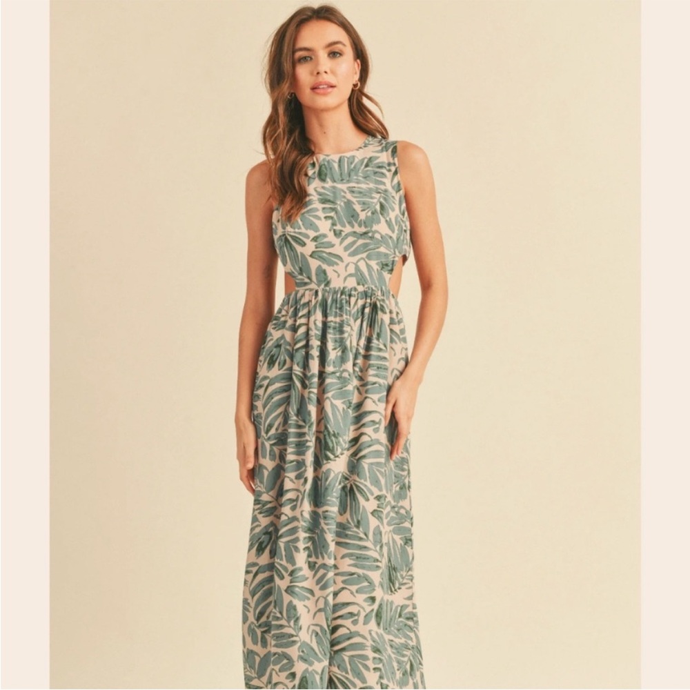 MIOU MUSE Isla Tropic Cutout Dress Green/Cream Size Small